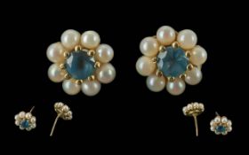 Ladies Attractive 18ct Gold Sapphire / Pearl Cluster Set Pair of Earrings, Flower head Setting.