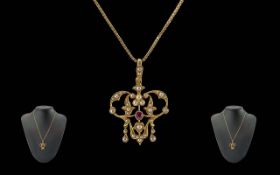 Victorian Period 1837 - 1901 Ladies 15ct Gold Open worked Ruby and Seed Pearl Set Pendant, with