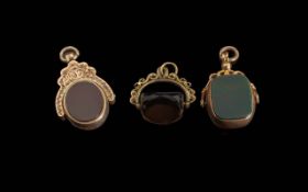 Antique Period 9ct Gold Ornate Trio of Stone Set Swivel Fobs, All Marked for 9ct. Weight 13.7