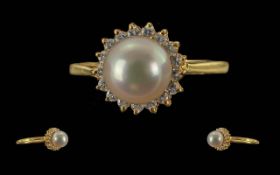 Ladies Quality 18ct Gold Pearl and Diamond Set Ring, Flower head Design. Gold Marks to Interior of