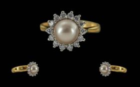 Ladies 18ct Gold Pearl And Diamond Set Cluster Ring, Flower head Setting. Marked 750 - 18ct to