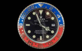 Rolex Style Dealer Display Wall Clock, black face, cream markers, date aperture, marked Yacht-