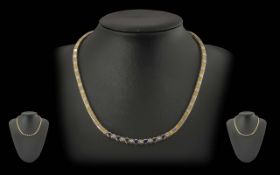 Ladies - Fine Quality 18ct Two Tone Gold Diamond and Blue Sapphire Set Necklace. Marked 18ct. The