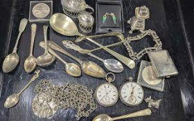 Bag of Mixed Collectables. Includes Cutlery, Pocket Watches, Salts, Costume Jewellery etc.