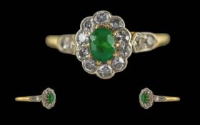 Ladies Pleasing Quality Antique Period 18ct Gold and Platinum Diamond and Emerald Set Cluster