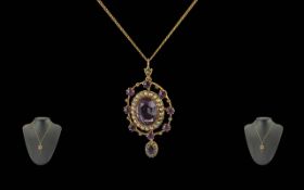 Edwardian Period 1901 - 1910 Ladies Superb 9ct Gold Openwork Amethyst and Seed Pearl Pendant with