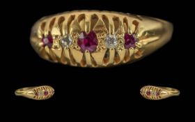 Antique Period Ladies 18ct Gold Ruby and Diamond Set Ring. Marked 18ct to Interior of Shank.