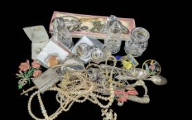 Box of Assorted Collectables. Includes Costume & Jewellery, Coins, Silver Topped Cruet Set, Silver