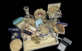 Box of Collectables. Includes Candlesticks, Pearls, Costume Jewellery, Brass Box, Compacts, Travel