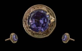 Ladies 12ct Gold Single Stone Amethyst Set Ring, Set In a Well Designed Ornate Setting. Gold Marks