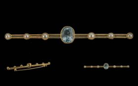 Edwardian Period 1901 - 1910 Ladies 15ct Gold Aquamarine and Pearl Set Brooch, Marked 15ct. The
