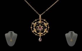 Edwardian Period 1901 - 1910 Ladies 9ct Gold Openwork Circular Garnet Set Pendant with 9ct gold