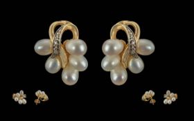 Ladies - Attractive Pair of 14ct Gold Pearl Set Cluster Earrings. Marked 585 - 14ct. The Well