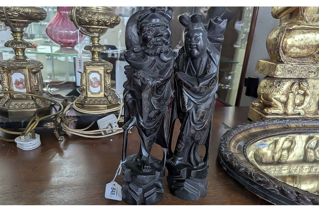 Japanese Pair of Well Carved Rootwood Mythical Figures, circa 1890s; each stands 13 inches (32.5cms)