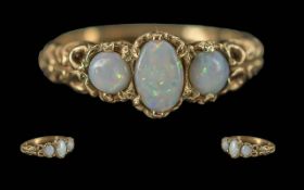 Antique Period Ladies Attractive / Petite 9ct Gold 3 Stone Opal Set Ring, Marked 9ct to Interior