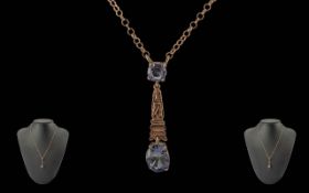 Ladies Pleasing Attractive 9ct Gold Aquamarine Set Pendant Drop Necklace, Marked 9ct. Aquamarine