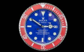 Rolex Style Dealer Display Wall Clock, blue face, cream markers, date aperture, marked Submariner,