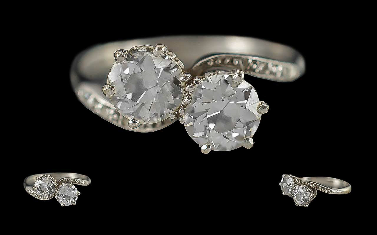 Ladies - Superb 18ct White Gold Two Stone Diamond Set Dress Ring, With Diamond Set Shoulders, Marked