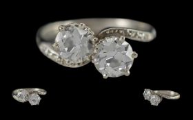 Ladies - Superb 18ct White Gold Two Stone Diamond Set Dress Ring, With Diamond Set Shoulders, Marked