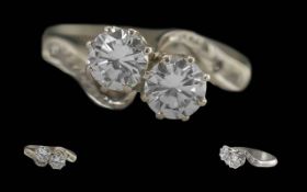 Ladies Pleasing Quality 18ct White Gold Two Stone Diamond Set Ring - With Diamond Set Shoulders.