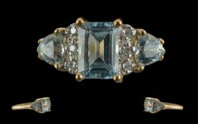 Ladies Attractive 9ct Gold Aquamarine and Diamond Set Ring. Full Hallmark to Interior of Shank.