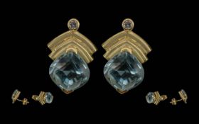 Ladies Fine Pair of 18ct Gold Aquamarine Set Earrings. Marked 750 - 18ct. The Aquamarines of