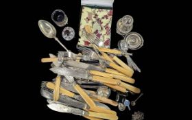 Mixed Box of Collectables. Includes Cutlery, Large Silver Cross, Silver Brooches, Salt Dishes