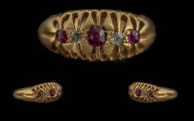 Antique Period Ladies Attractive 18ct Ruby and Diamond Set Ring, Raised Setting. Full Hallmark for