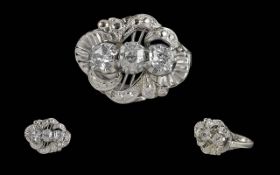 Art Deco Period Pleasing Quality Ladies 9ct White Gold 3 Stone Diamond Set Ring with openwork back