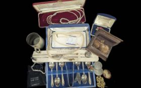 Box of Misc Items. Includes Pearls, Coalport Pendant, Brooches etc.