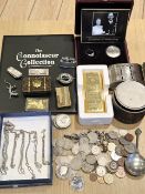 Assorted Box of Collectables. Includes Silver Chains, Coins, Costume Jewellery, Lighters, Midland