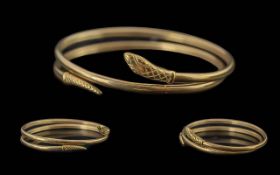 Fine 9ct Gold Coiled Snake Bangle of realistic form, tests 9ct, warm coloured gold, weight 18.7g