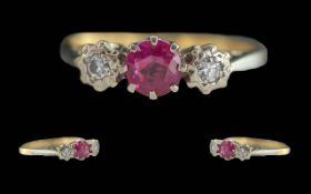 Antique Period Ladies 18ct Gold and Platinum Three Stone Ruby and Diamond Set Dress Ring, marked
