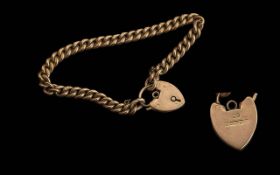 Antique Period - Pleasing Quality 9ct Gold Curb Bracelet with Heart Shaped Padlock. All Links