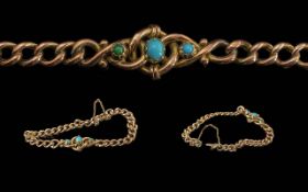 Victorian Period 1837 - 1901 Ladies 9ct Rose Gold Turquoise Set Bracelet with Safety Chain.