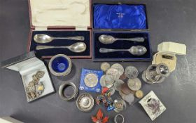 Tin of Collectables. Includes Silver Plated Items, Silver Jewellery, Brooches, Coins, Lotus Earrings