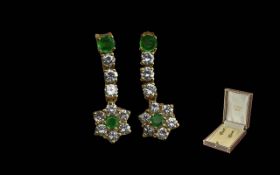 Ladies Excellent Quality Pair of 18ct Gold Diamond and Emerald Set Cluster Drop Earrings. Marked 750