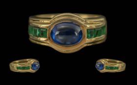 Ladies 18ct Gold Blue Sapphire and Emerald Set Ring of Pleasing Design. Marked 750 to Interior of