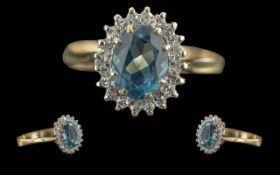 Ladies 9ct Gold Blue Topaz And Diamond Set Cluster Ring - full hallmark to interior of shank. The