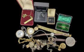 Bag of Mixed Costume Jewellery / Silver Jewellery. Includes Watches, Chains, Pin Brooch, Bangles