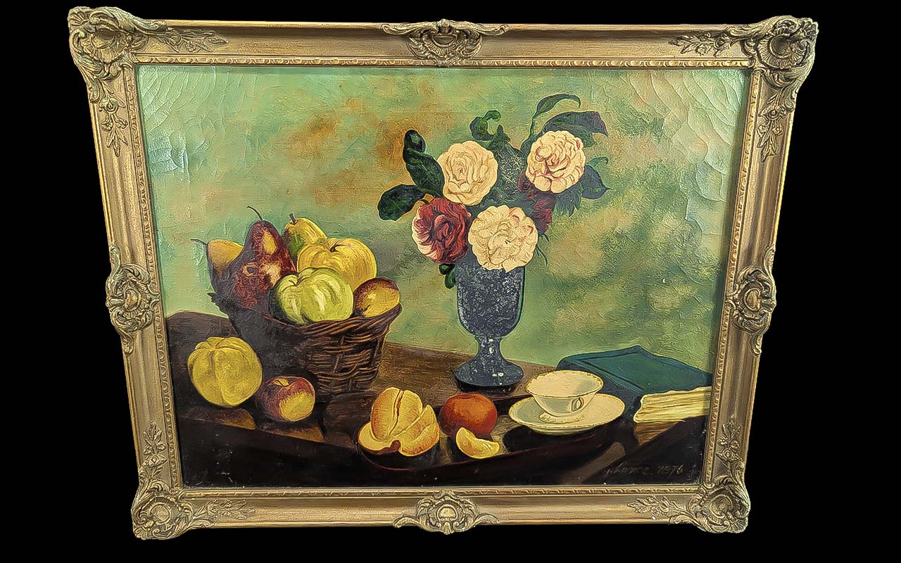 Oil on Canvas Painting dated 1876, still life depicting flowers and fruit. 17'' x 20'' approx.