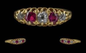 Antique Period Ladies 18ct Gold Pleasing 5 Stone Ruby and Diamond Set Ring , marked 18ct to interior