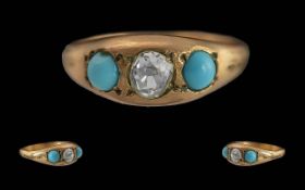 Antique Period 9ct Gold Ladies 3 Stone Turquoise and Diamond Set Ring. Marks to Interior of Shank.