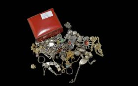 Tin of Silver & Costume Jewellery. Includes Brooches, Necklaces, Thimbles, Earrings etc. Needs a