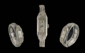 Art Deco Period Ladies 18ct White Gold and Platinum Diamond Set Mechanical Cocktail Watch, With