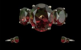 Bi-Colour Watermelon Quartz Three Stone Ring, each stone with an ombre of bluish green into warm