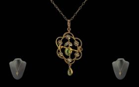 Edwardian Period 1902 - 1910 Ladies 9ct Gold Open worked Peridot and Seed Pearl Set Pendant /