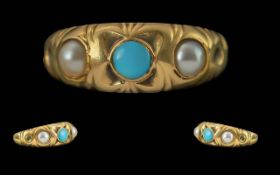 Antique Period Excellent Quality Ladies 18ct Gold Pearl and Turquoise Set Ring, pleasing setting,