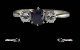 Ladies Pleasing 1930's 18ct Gold 3 Stone Diamond and Sapphire Set Ring, Marked 18ct and Platinum