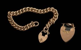 Antique Period 9ct Gold Curb Bracelet with 9ct Gold Heart Shaped Padlock. All Links Marked 9ct, Warm
